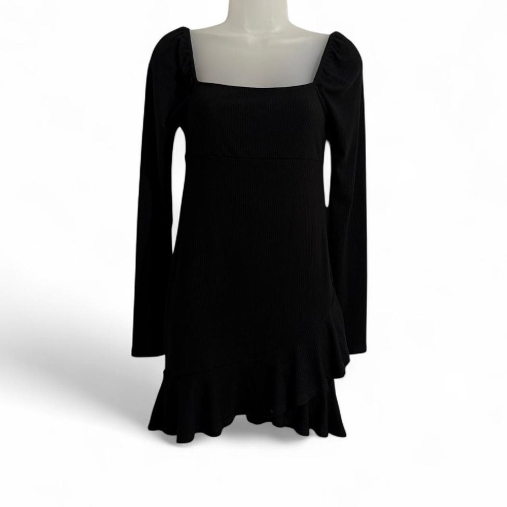 Ribbed Black Long Sleeve Dress with Ruffle Hem